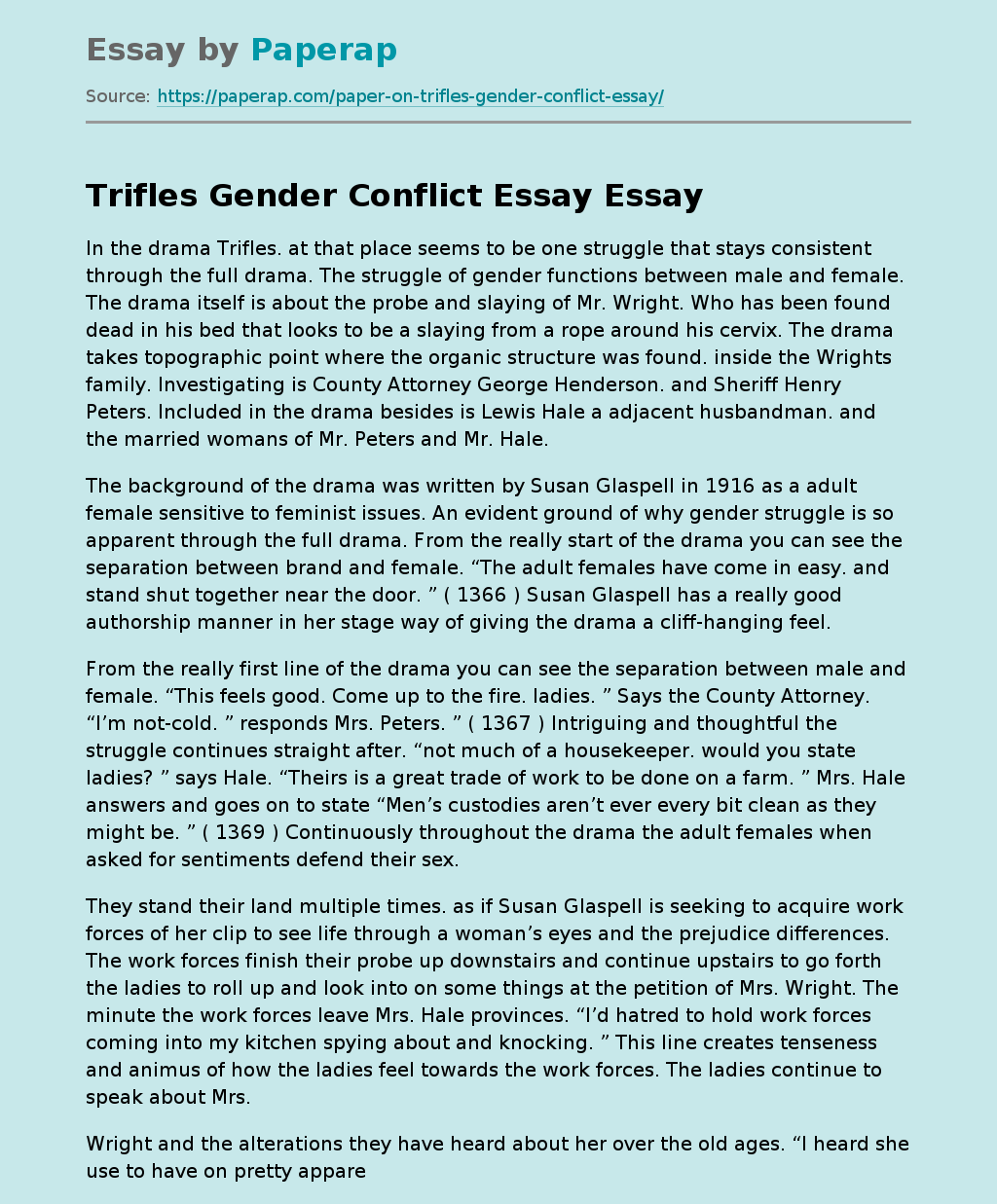 Trifles Gender Conflict Essay