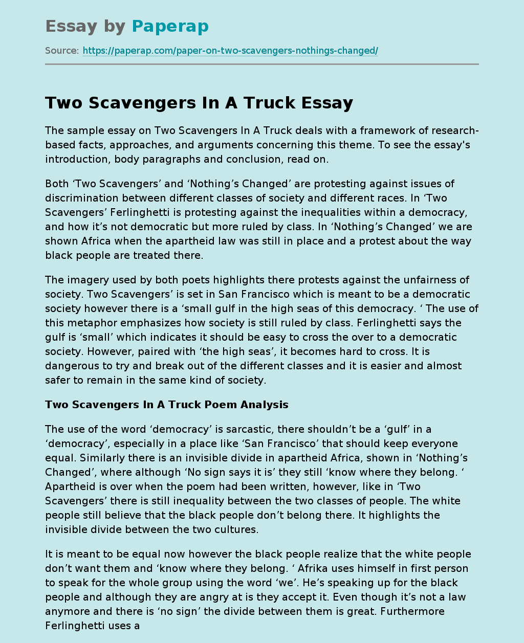 Sample Essay on Two Scavengers in a Truck
