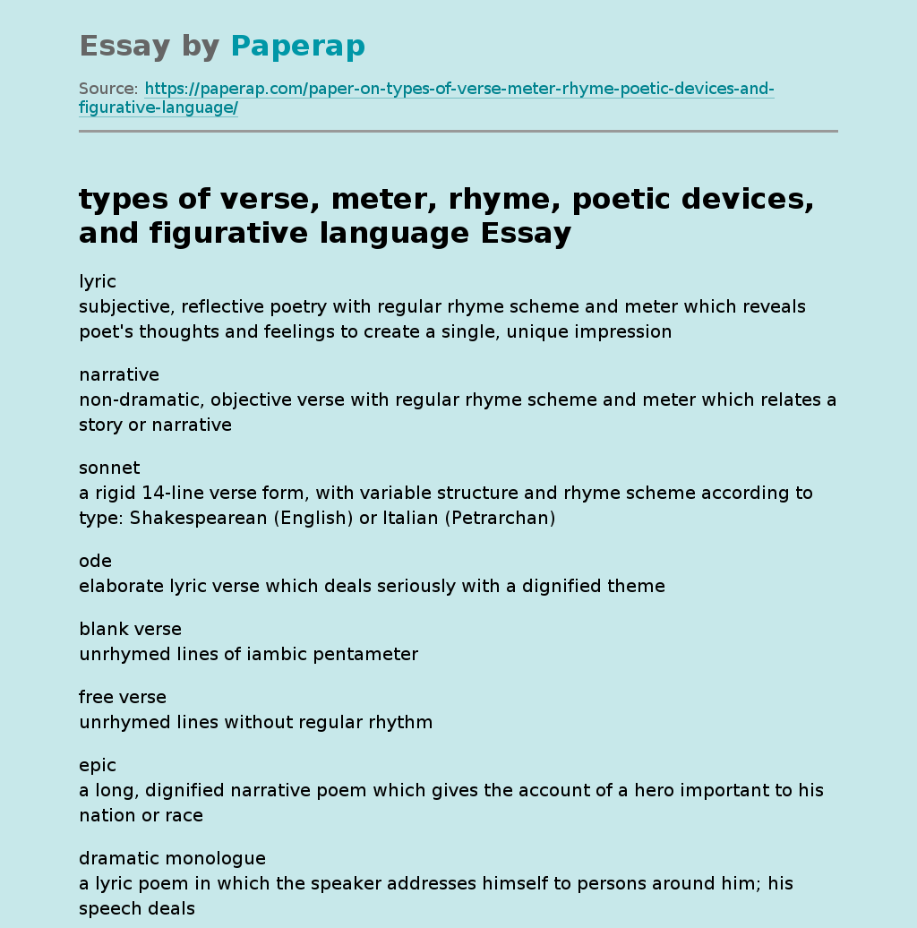 types of verse, meter, rhyme, poetic devices, and figurative language