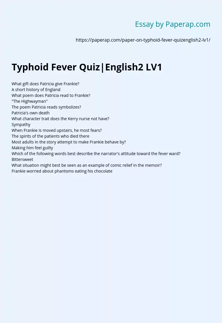 Typhoid Fever Quiz|English2 LV1