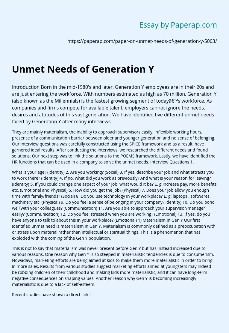 Unmet Needs of Generation Y