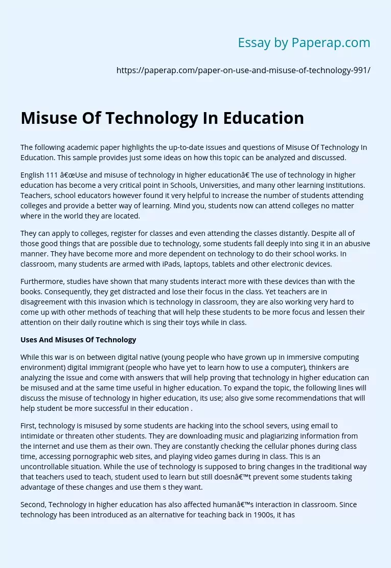 Misuse Of Technology In Education