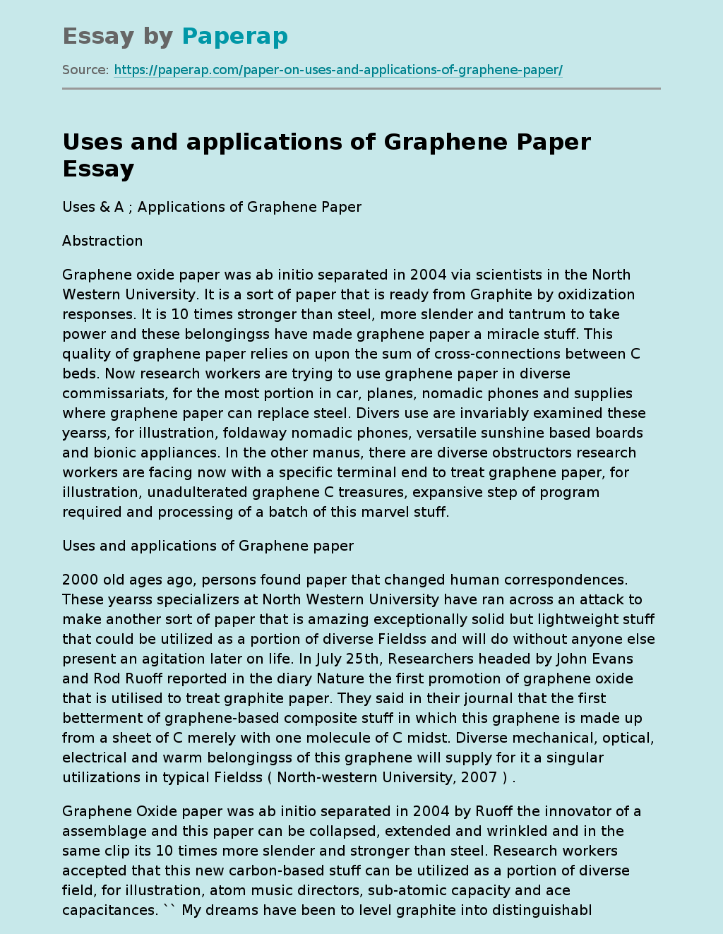 Uses and applications of Graphene Paper