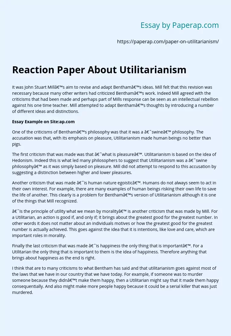 Reaction Paper About Utilitarianism