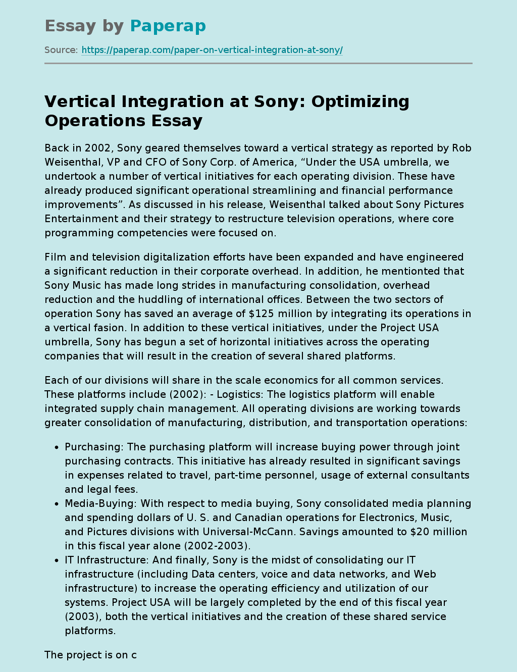Vertical Integration at Sony: Optimizing Operations