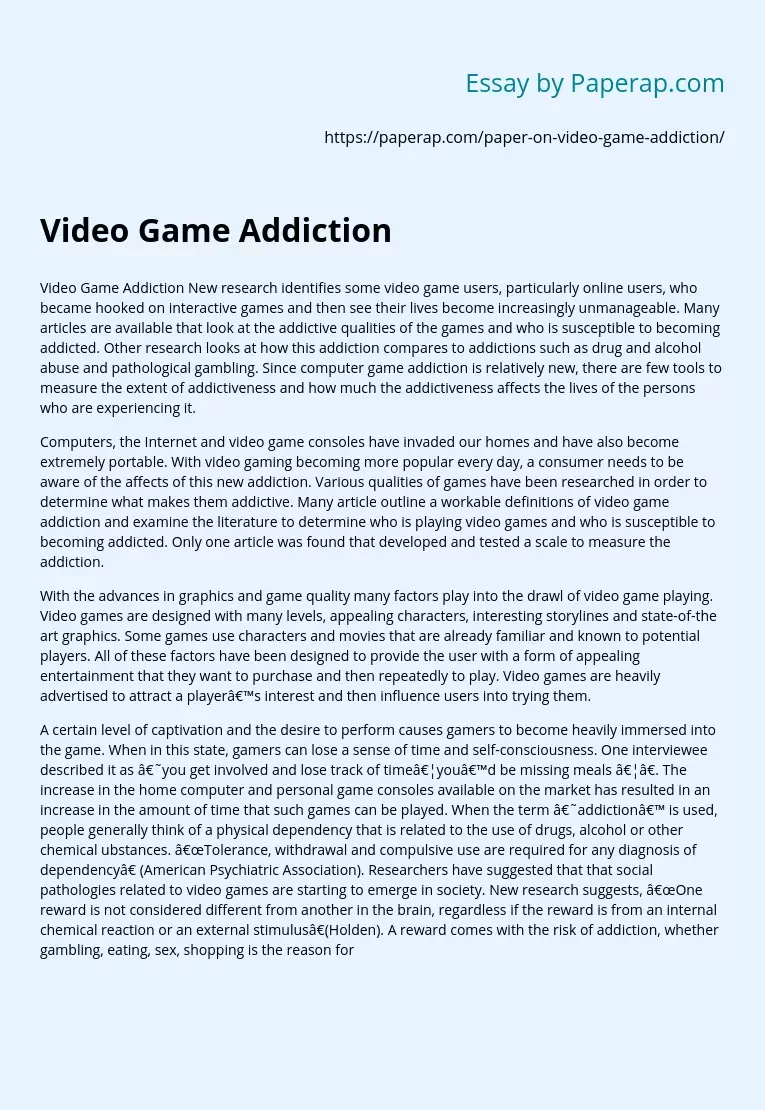 video gaming addiction essay