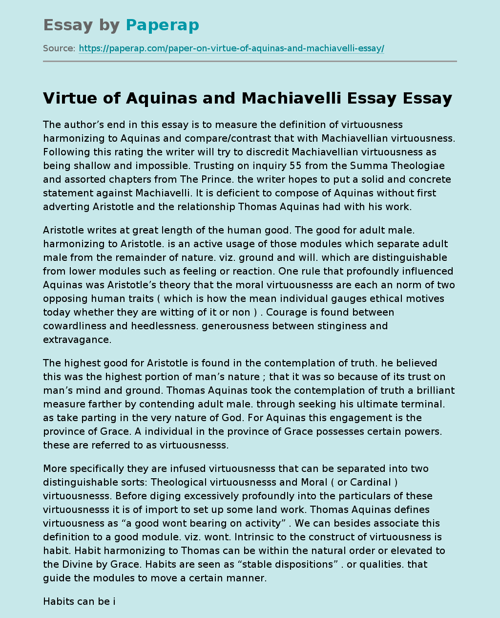 Virtue of Aquinas and Machiavelli: Positive Moral Character