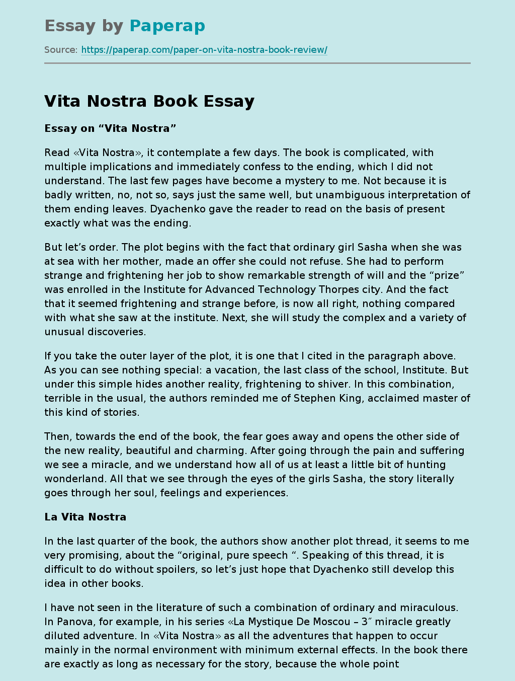 Analysis of Vita Nostra by Dyachenko
