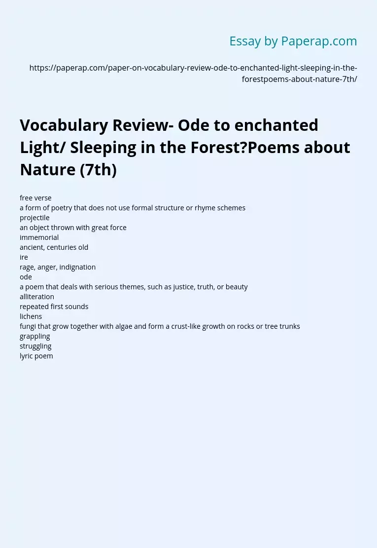 Vocabulary Review- Ode to enchanted Light/ Sleeping in the Forest?Poems about Nature (7th)