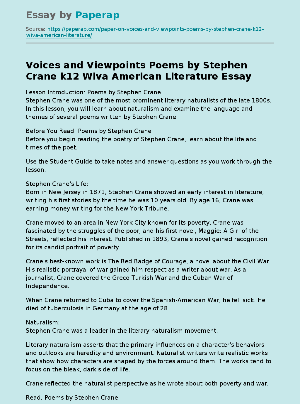 Voices and Viewpoints Poems by Stephen Crane k12 Wiva American Literature
