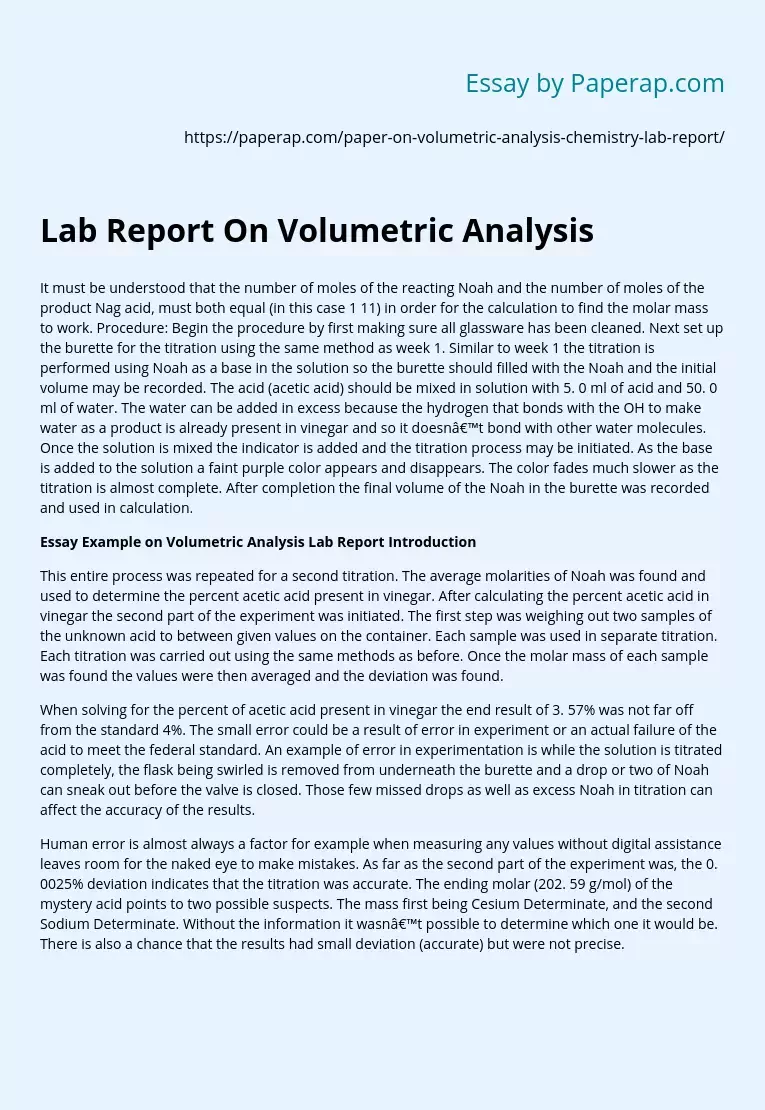 Lab Report On Volumetric Analysis