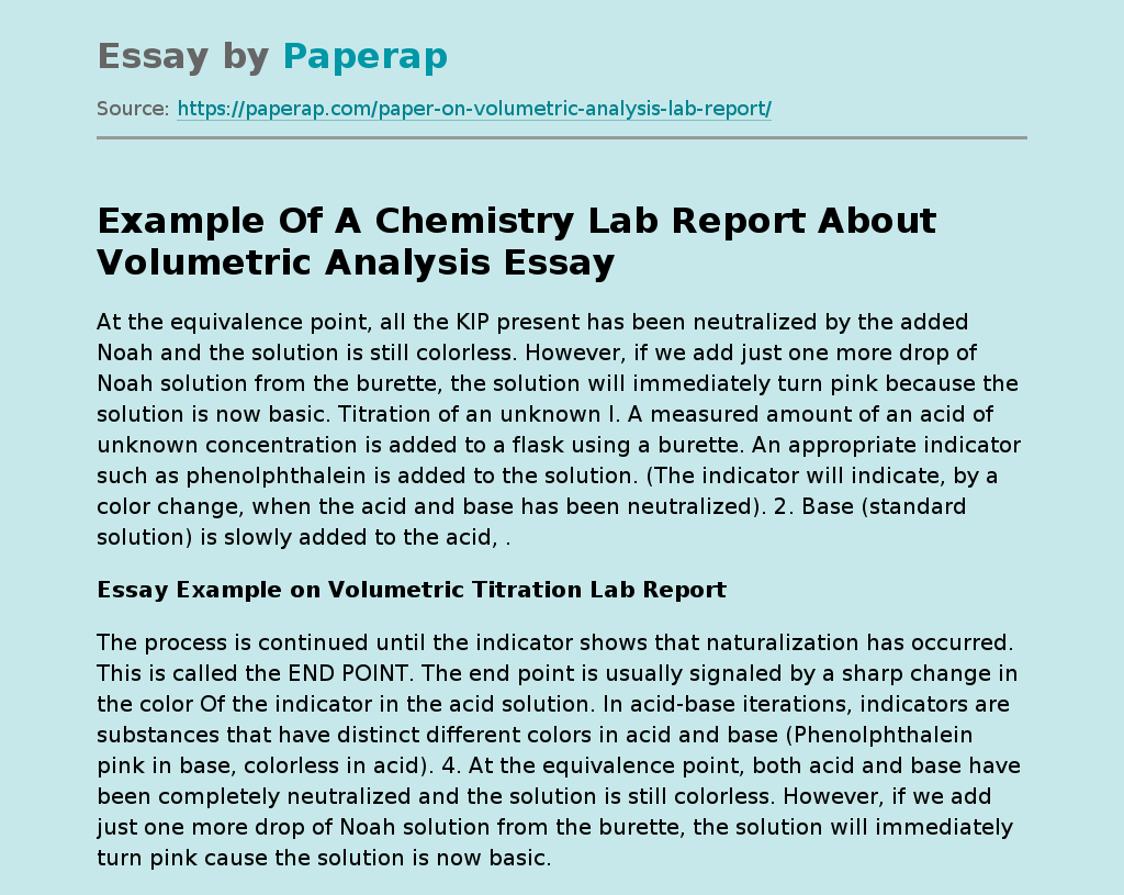 Example Of A Chemistry Lab Report About Volumetric Analysis