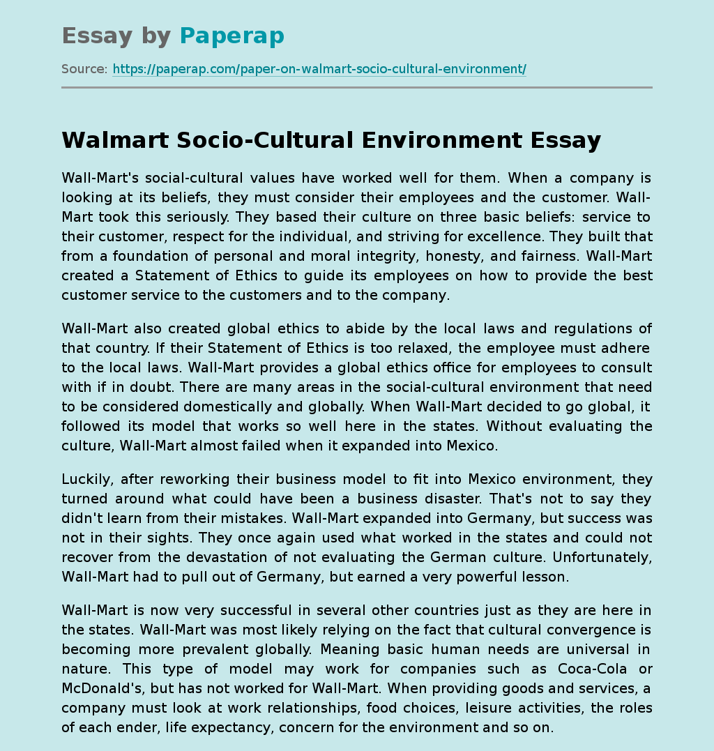 Walmart Socio-Cultural Environment