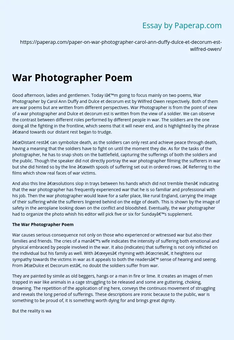 War Photographer Poem