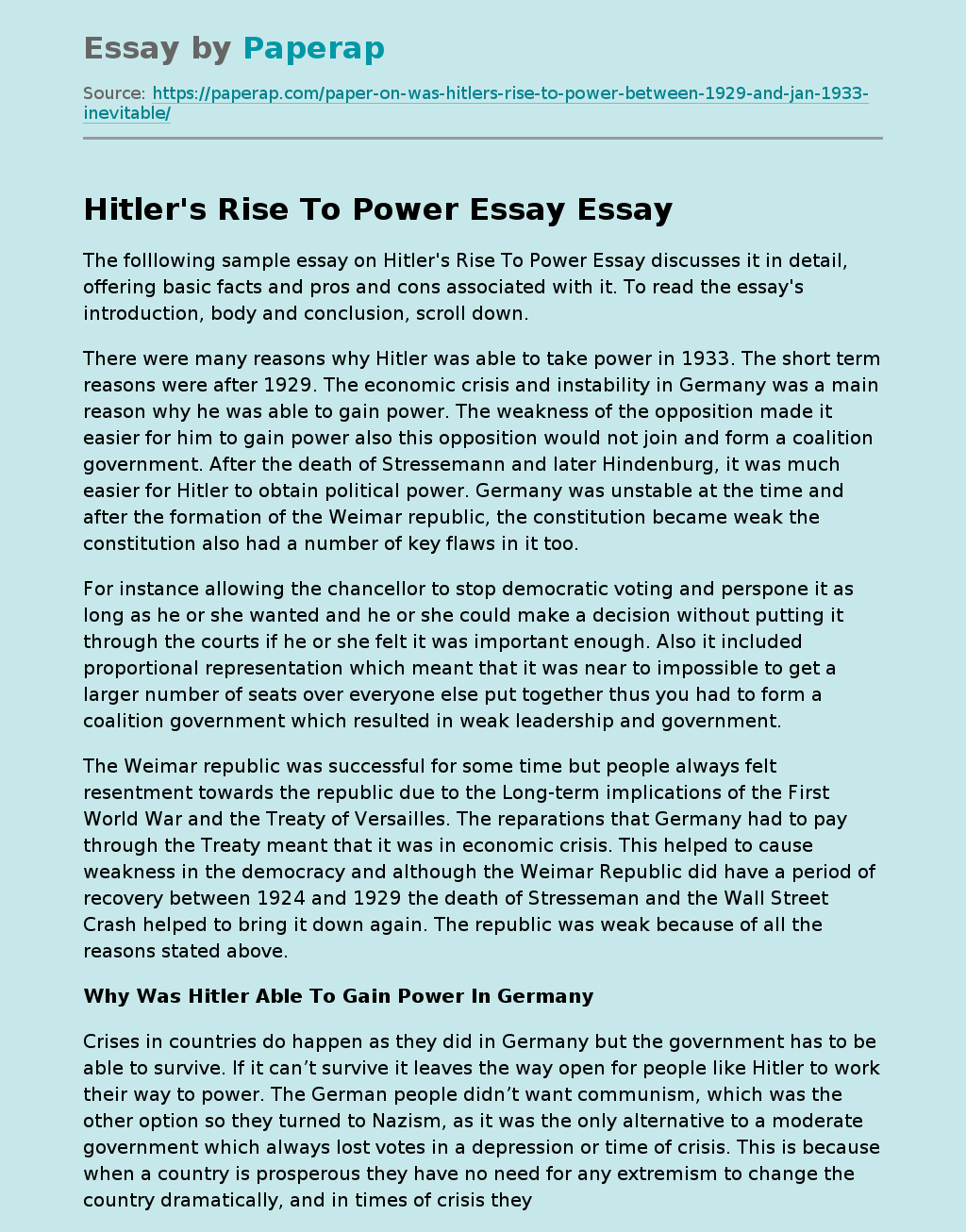 essay on how hitler came to power