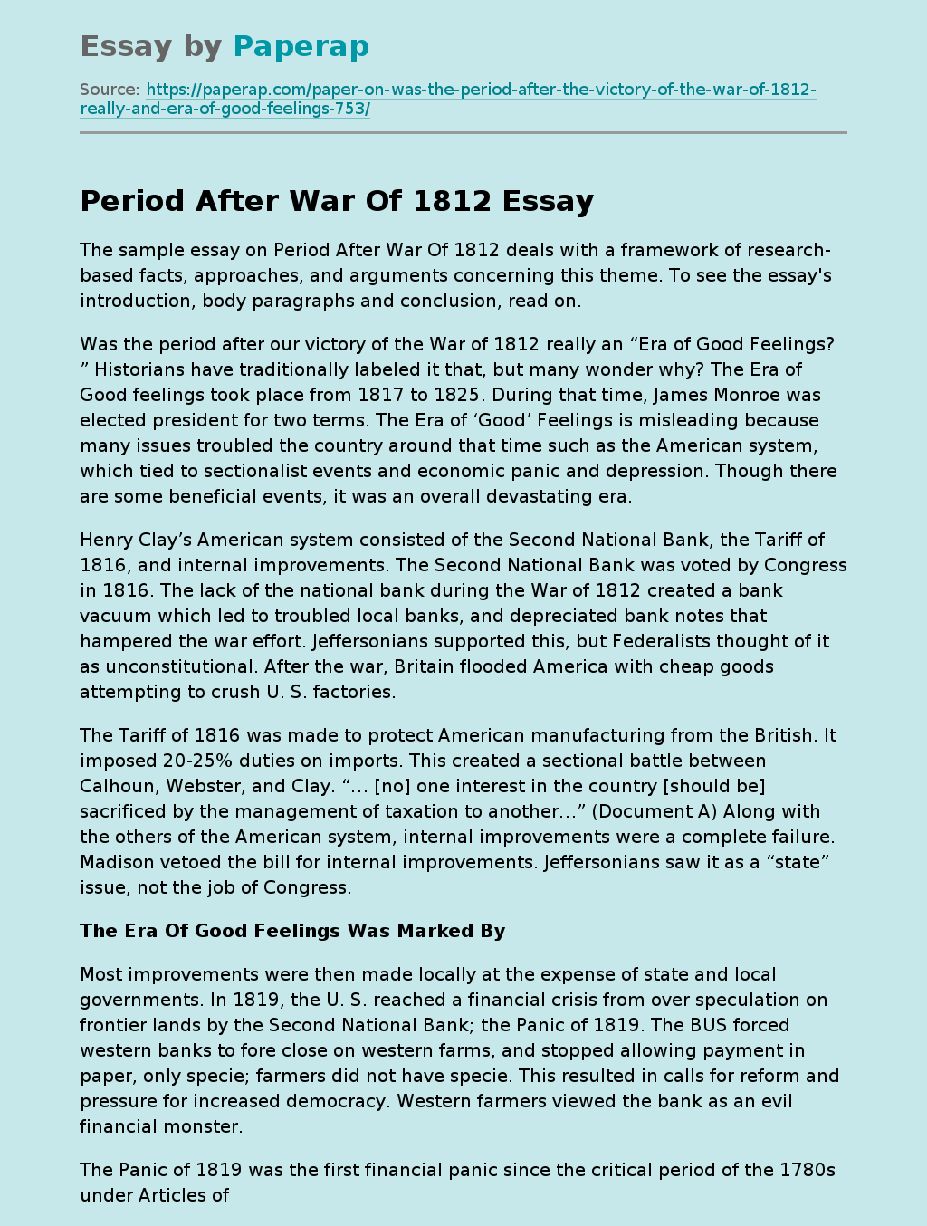 Sample Essay on Period After War of 1812