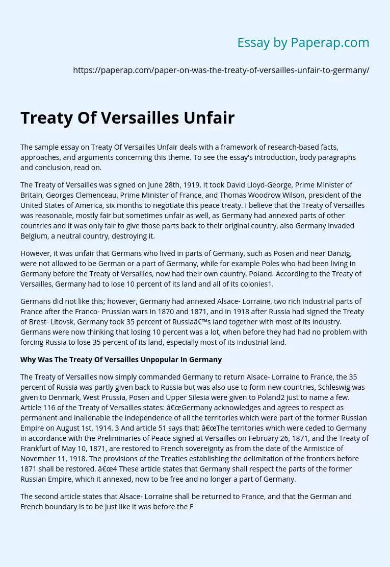 Treaty Of Versailles Unfair