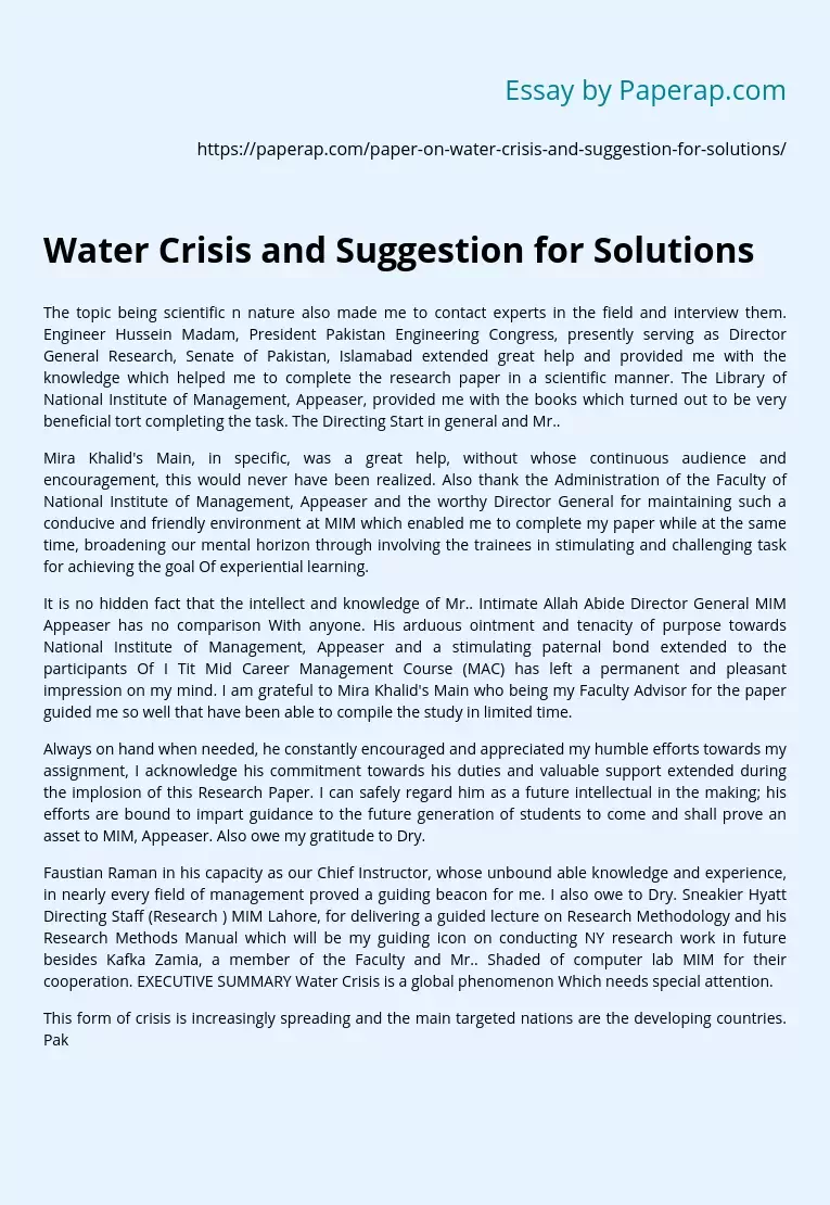 Water Crisis and Suggestion for Solutions