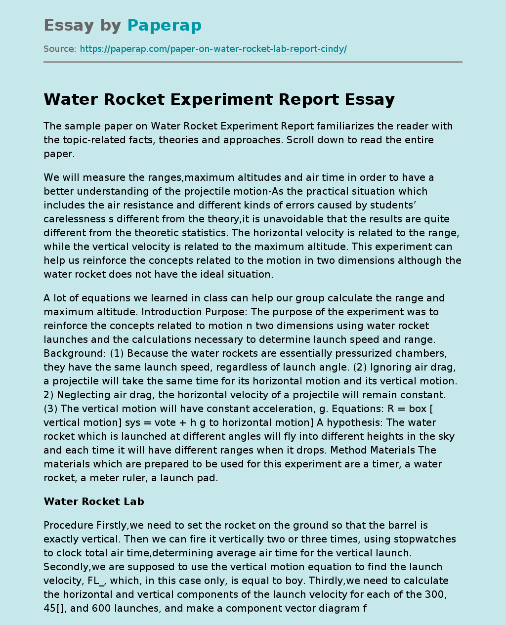 Water Rocket Experiment Report
