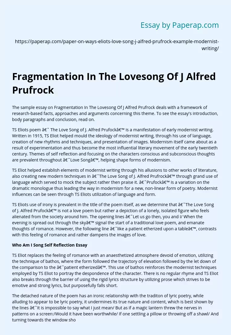 Fragmentation In The Lovesong Of J Alfred Prufrock