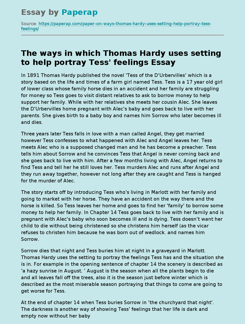 The ways in which Thomas Hardy uses setting to help portray Tess' feelings