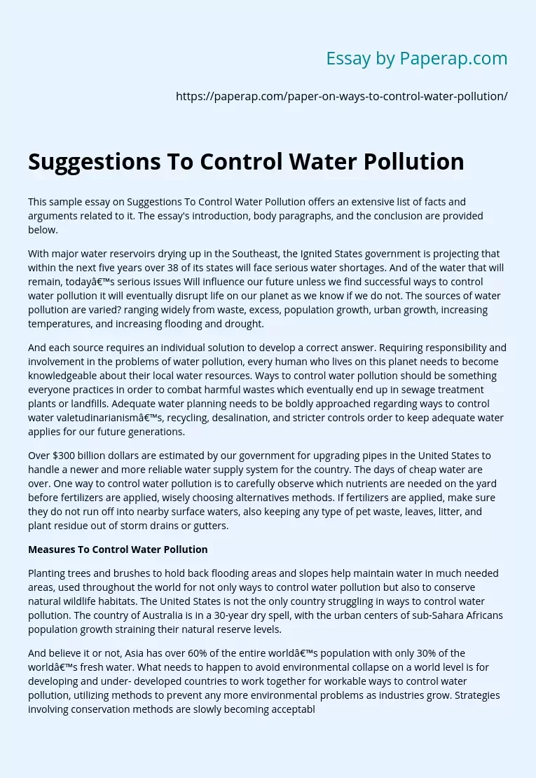Suggestions To Control Water Pollution