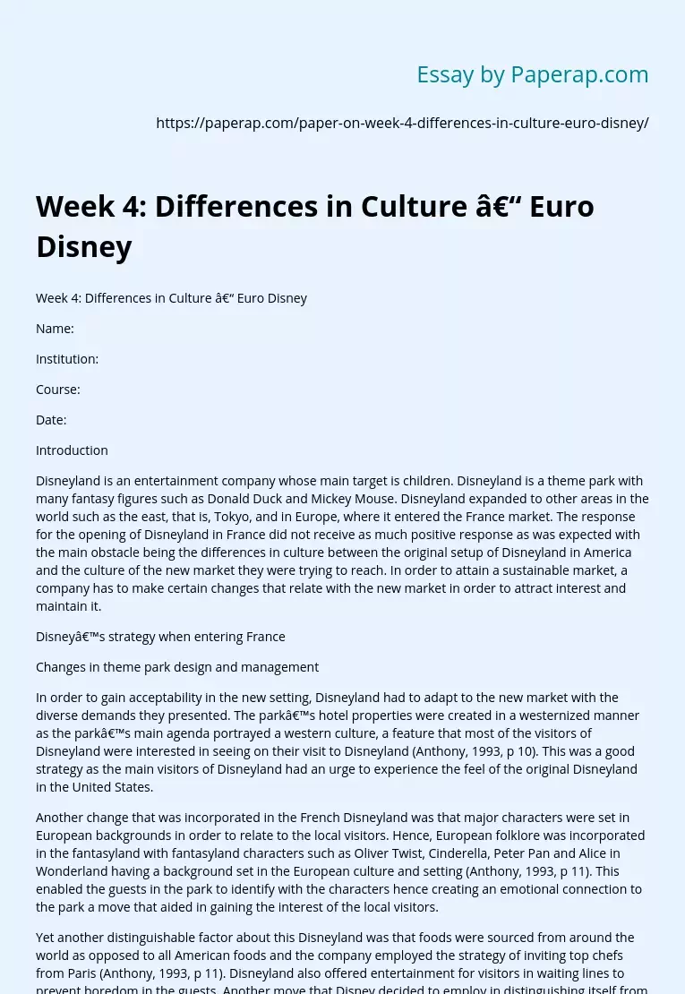 Week 4: Differences in Culture – Euro Disney