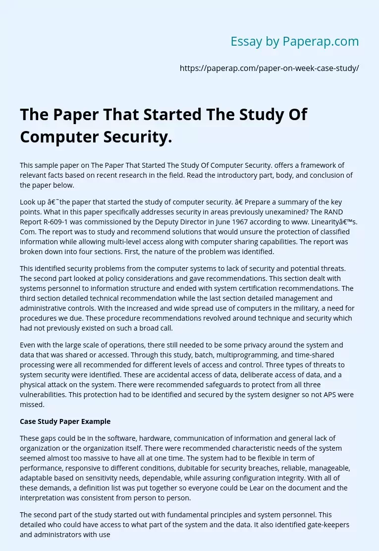 The Paper That Started The Study Of Computer Security.