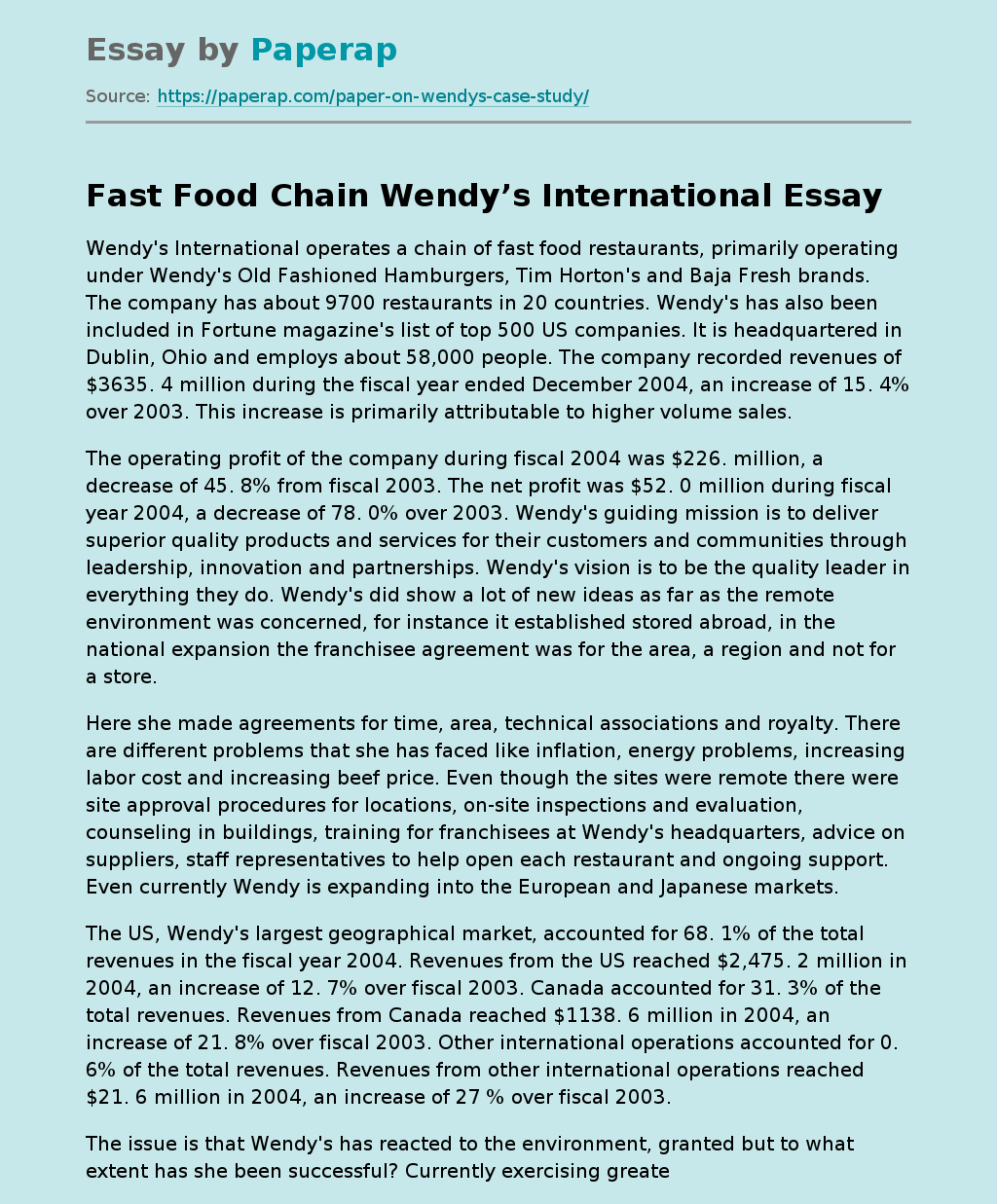 Fast Food Chain Wendy’s International
