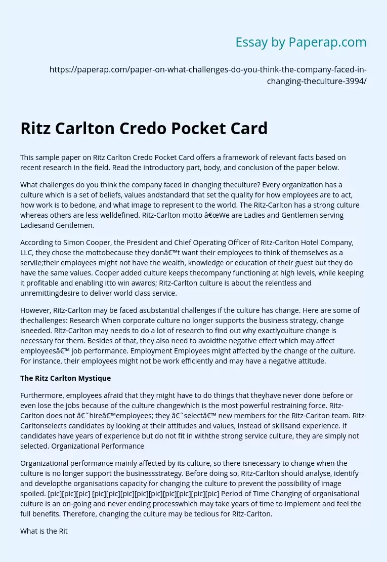Ritz Carlton Credo Pocket Card