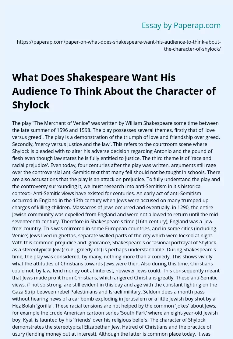 What Does Shakespeare Want His Audience To Think About the Character of Shylock
