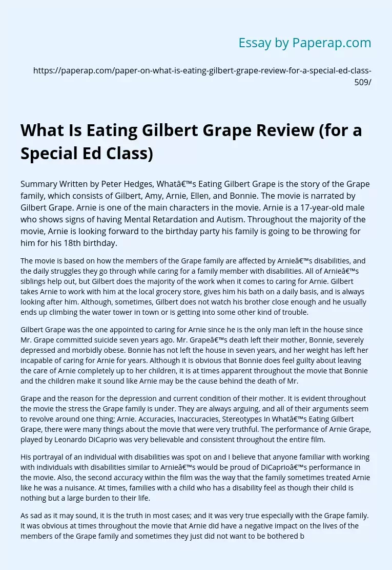 What Is Eating Gilbert Grape Review (for a Special Ed Class)