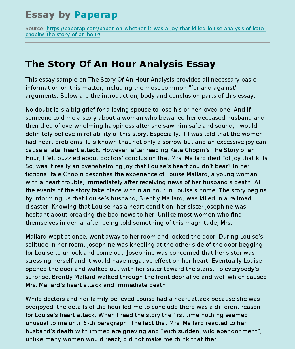 The Story Of An Hour Analysis Free Essay Example