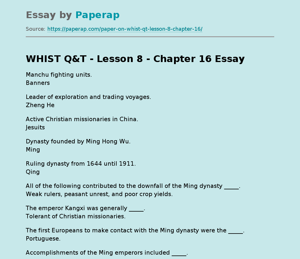 WHIST Q&amp;T - Lesson 8 - Chapter 16