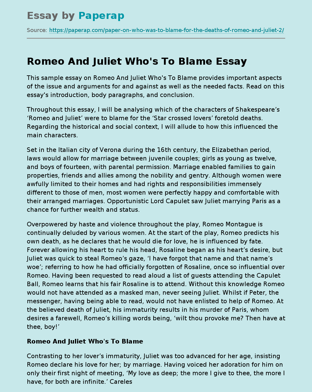 essay for romeo and juliet who's to blame
