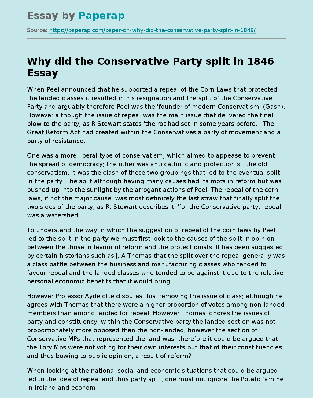 Why did the Conservative Party split in 1846