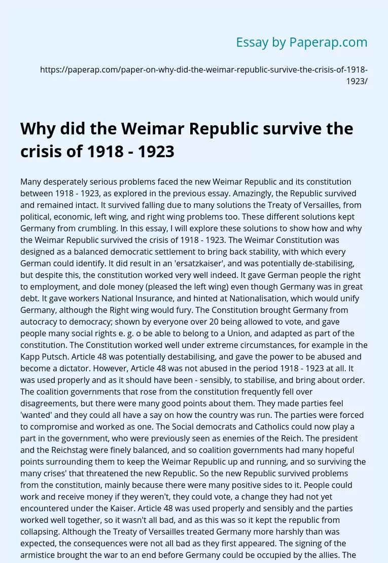 Why did the Weimar Republic survive the crisis of 1918 - 1923