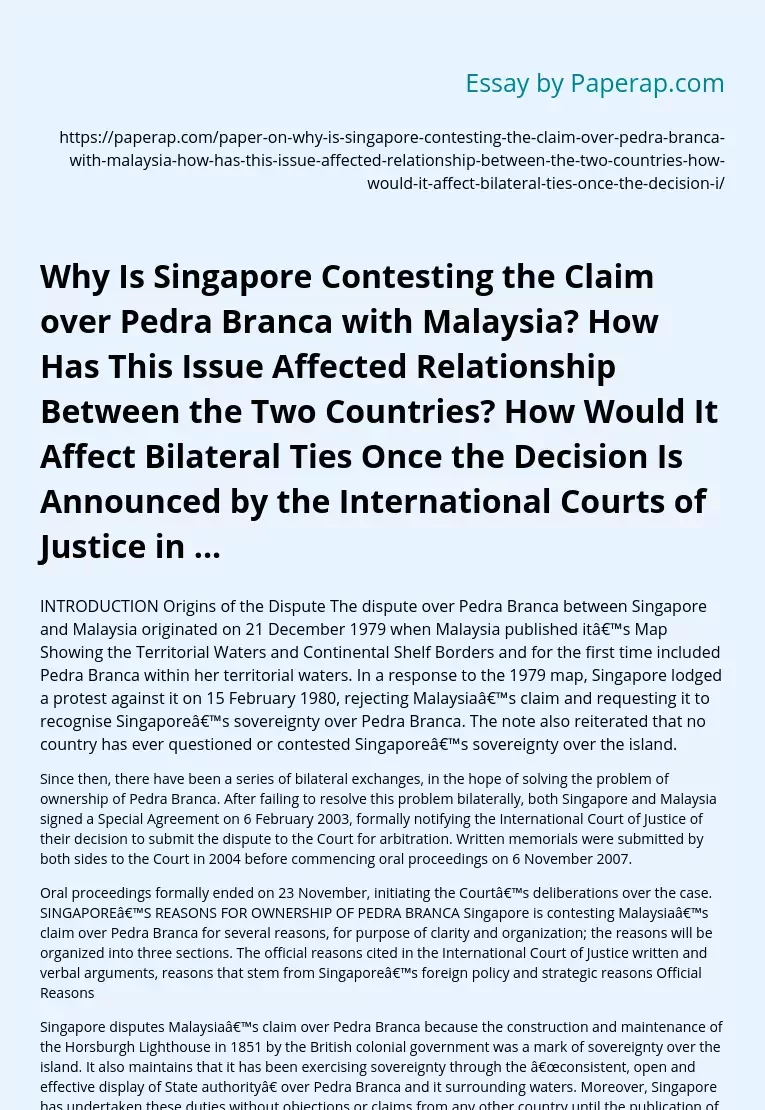 Why Is Singapore Contesting the Claim over Pedra Branca with Malaysia?