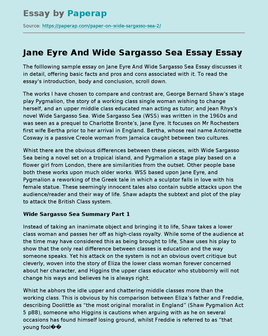 jane eyre and wide sargasso sea essay