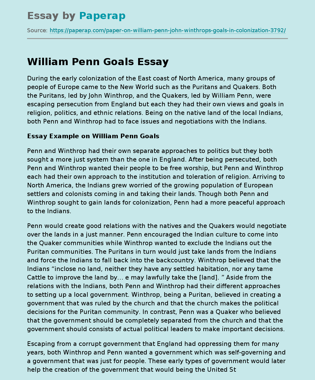 Essay Example on William Penn Goals
