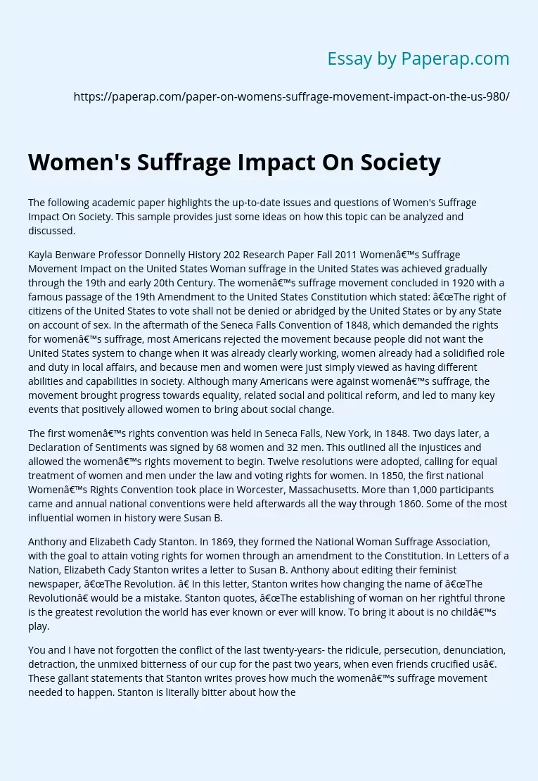 Women's Suffrage Impact On Society