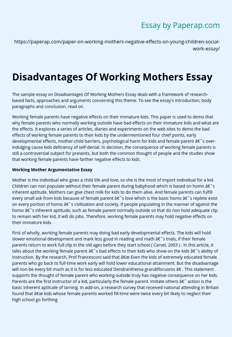 Disadvantages Of Working Mothers Essay