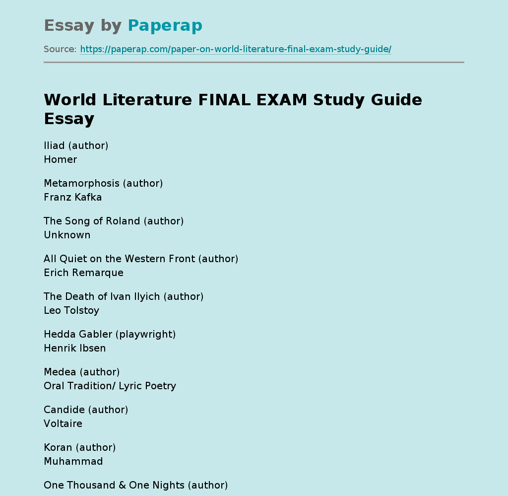 World Literature FINAL EXAM Study Guide