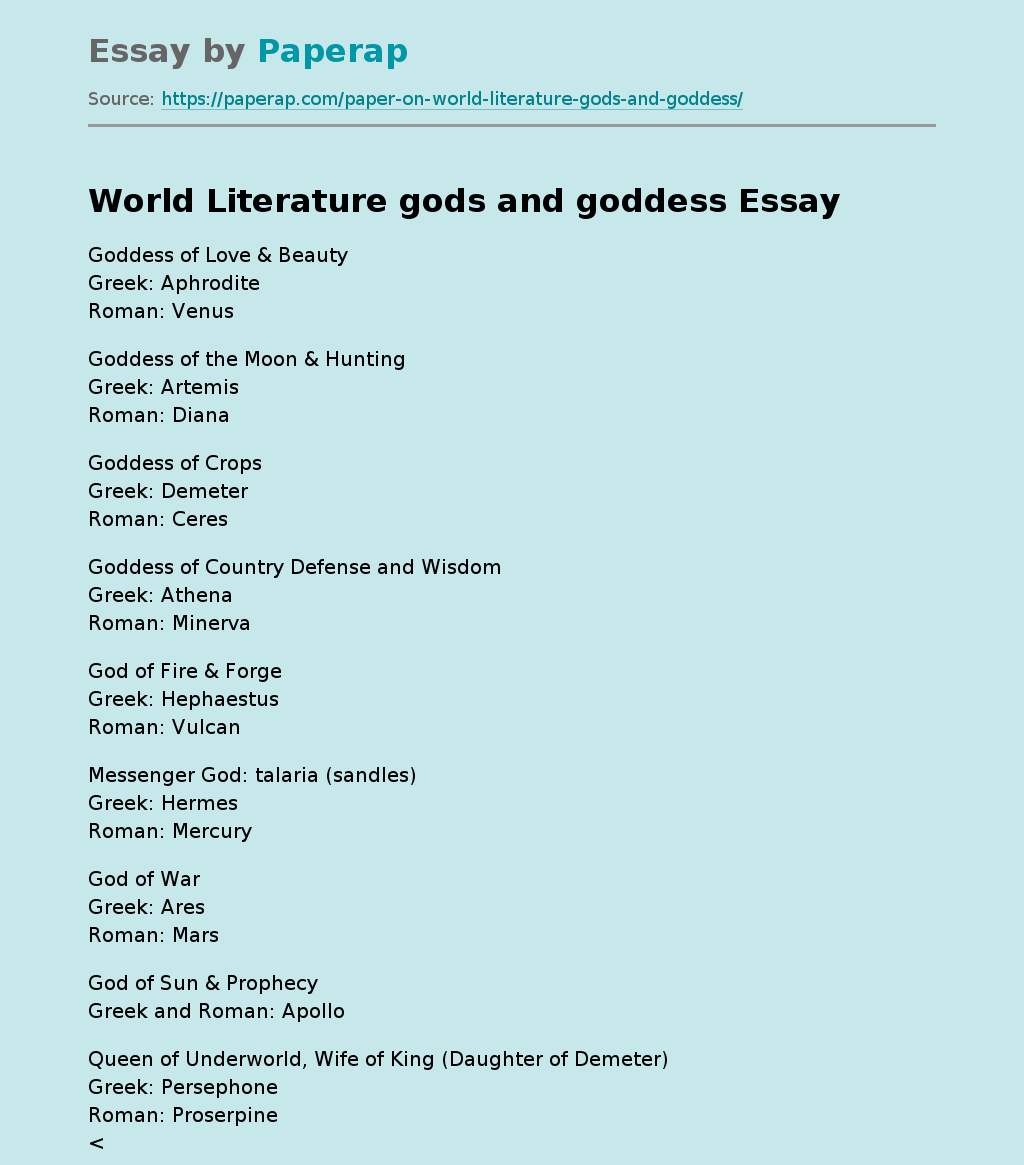 World Literature gods and goddess