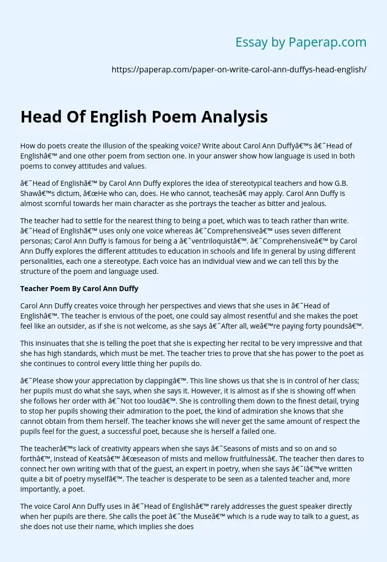 Head Of English Poem Analysis