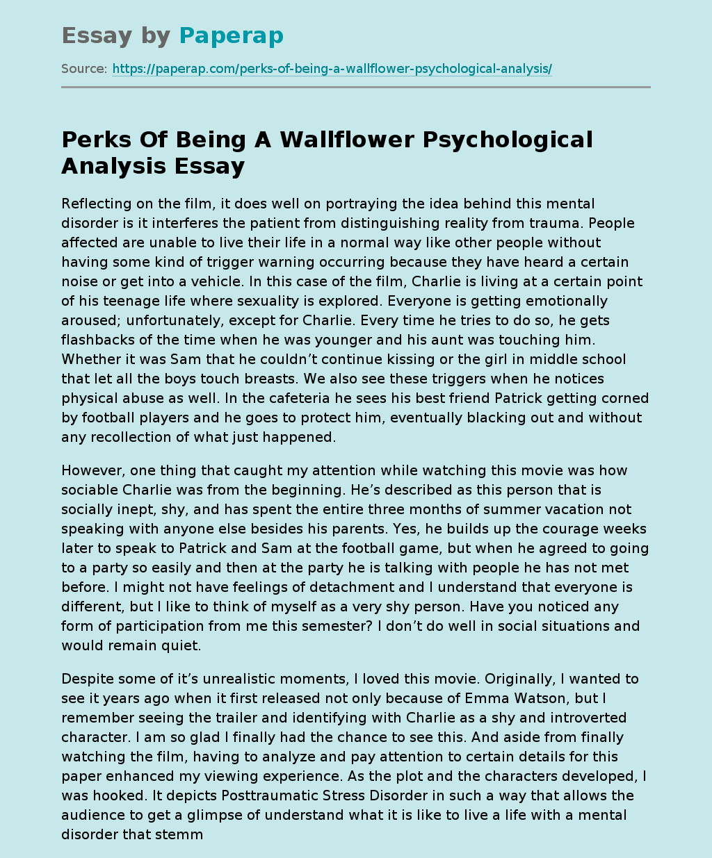 Perks Of Being A Wallflower Psychological Analysis