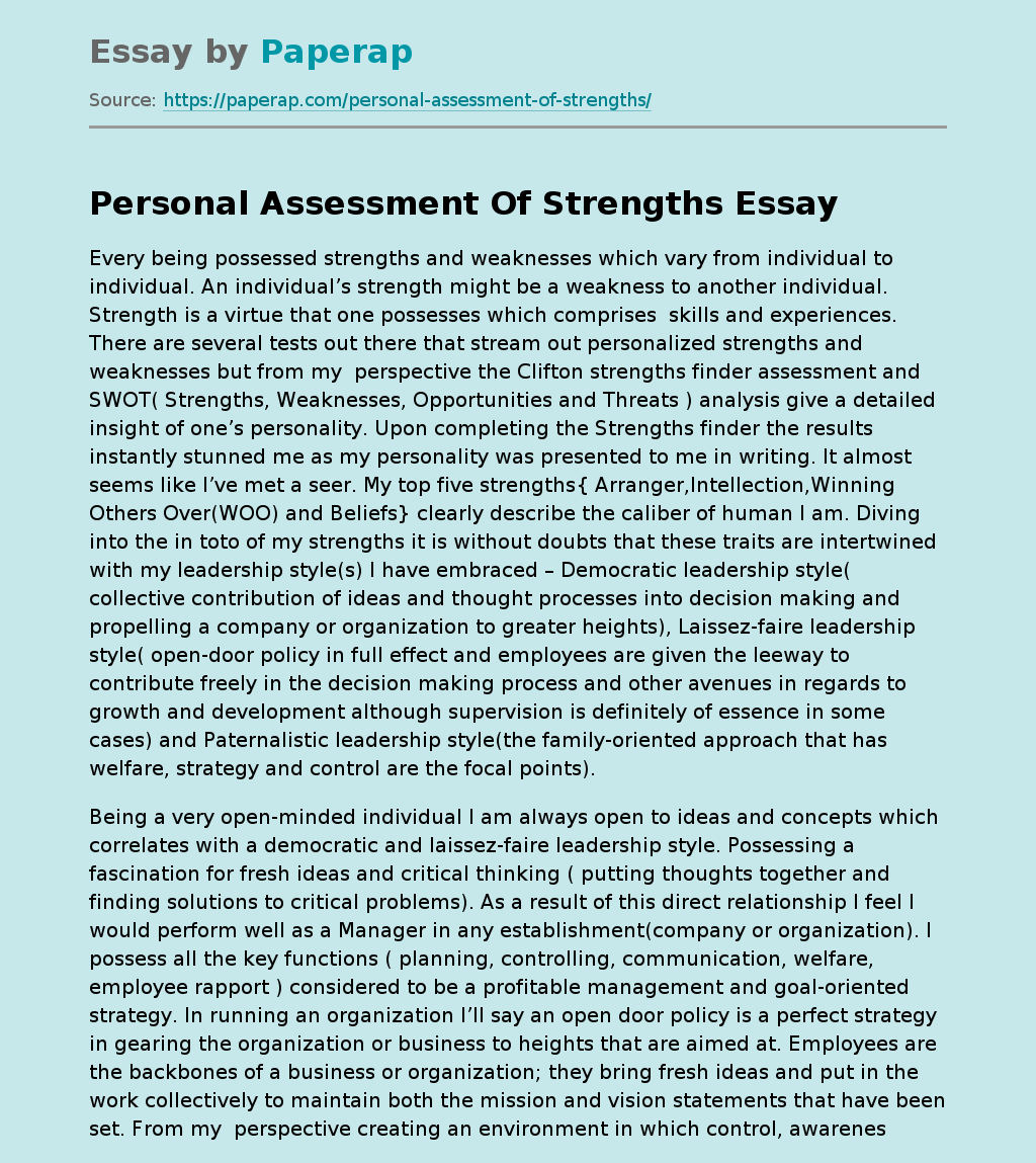 Personal Assessment Of Strengths