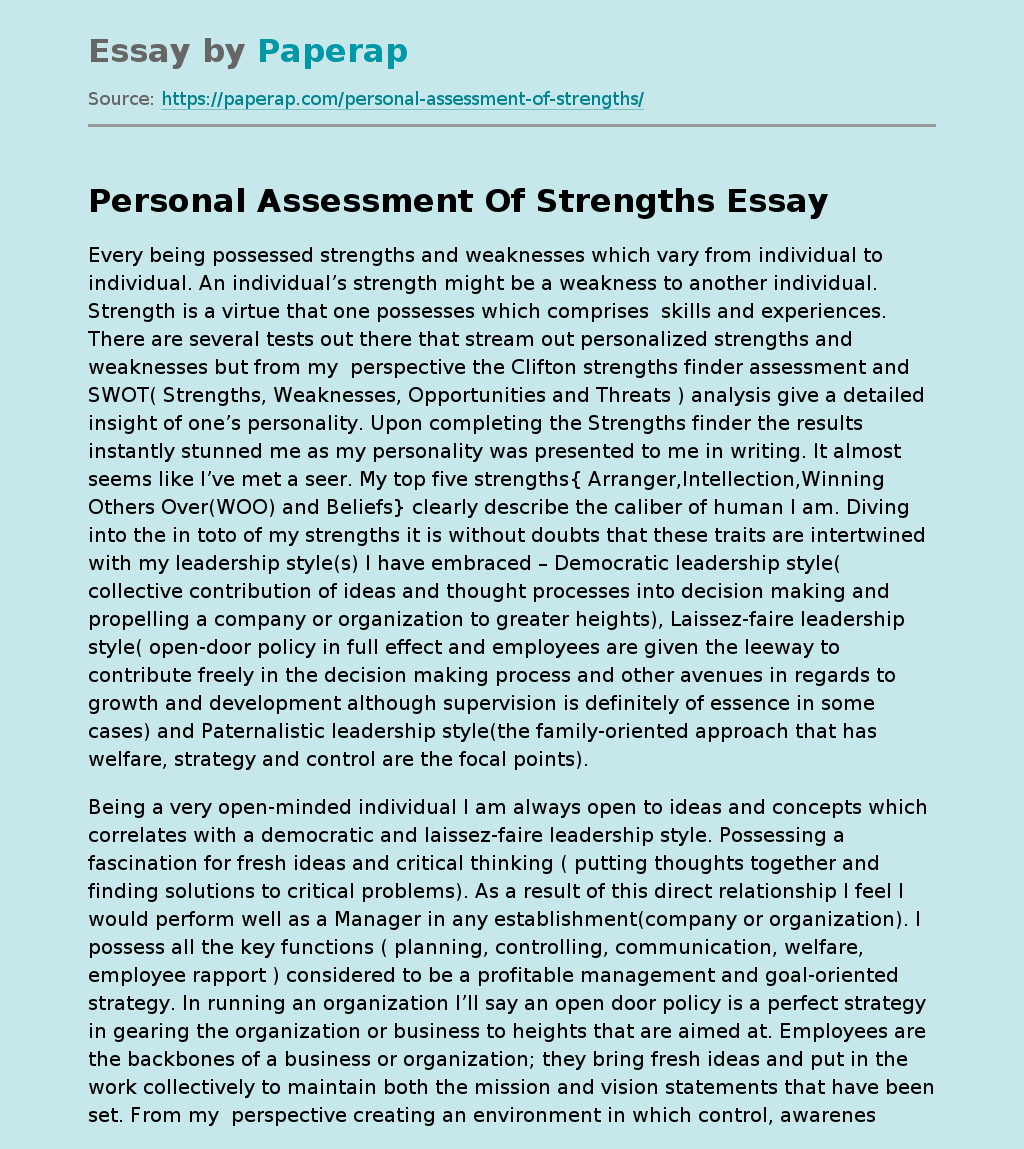 Personal Assessment Of Strengths Free Essay Example