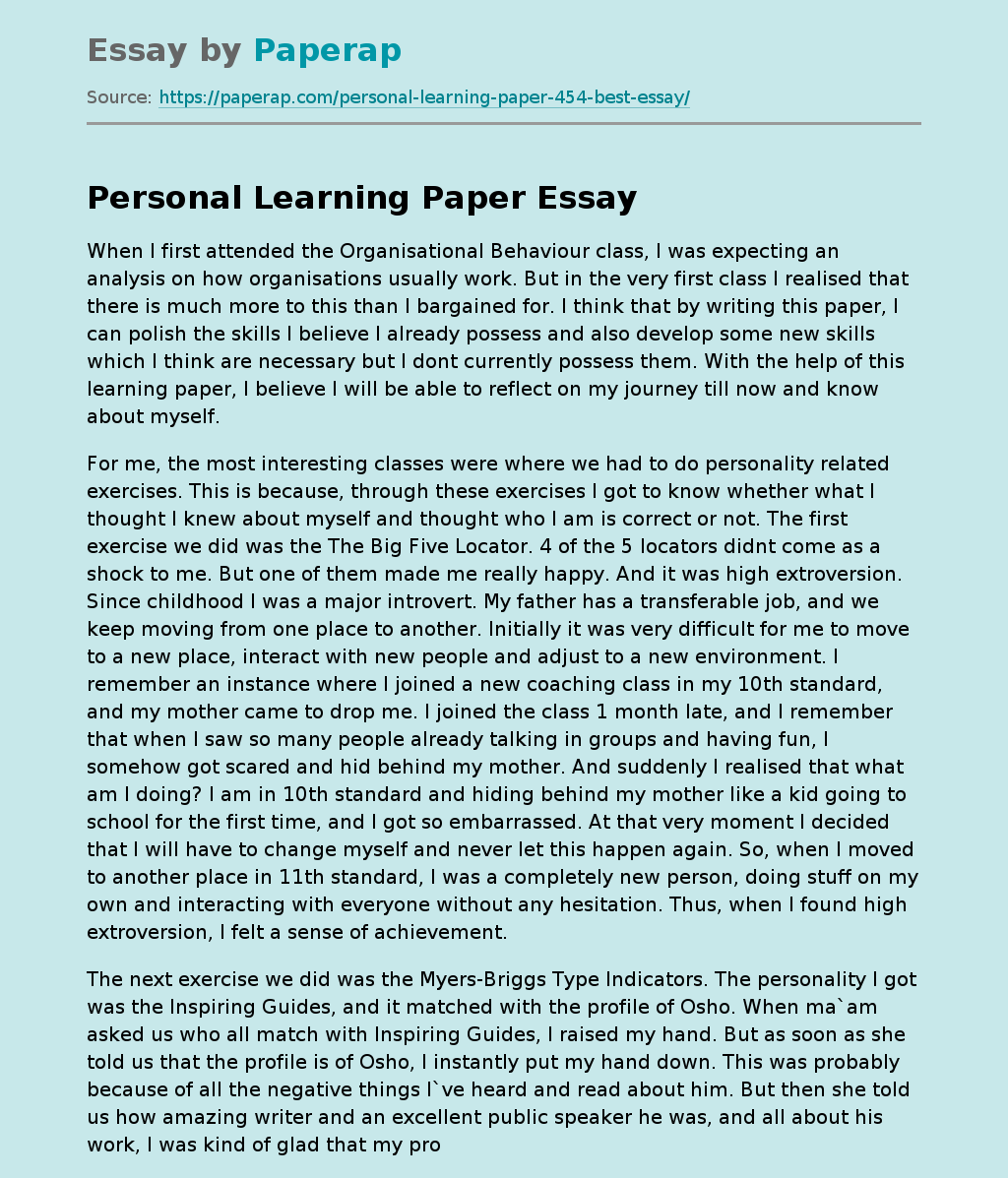 Personal Learning Paper