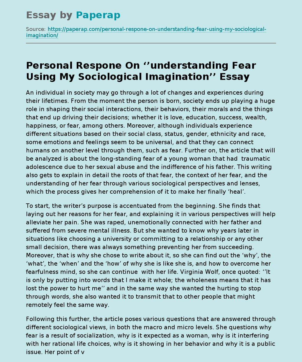 Personal Respone On ‘’understanding Fear Using My Sociological Imagination’’
